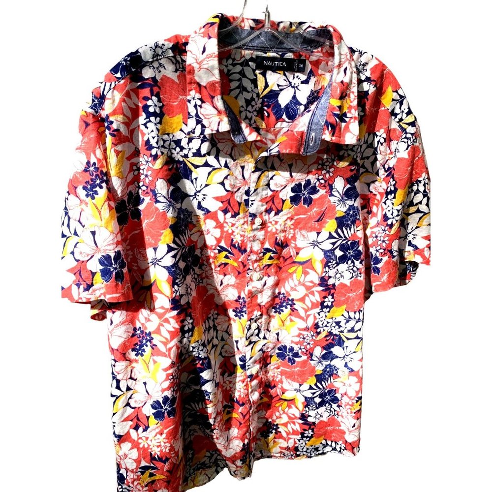 Men’s Nautical Short Sleeve Hawaiian Coral Blue White Floral Shirt SZ XXL